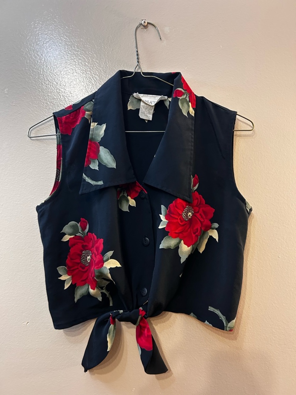 Sleeveless Tie-Front Floral Top &Matching Skirt - Black with Red Flowers